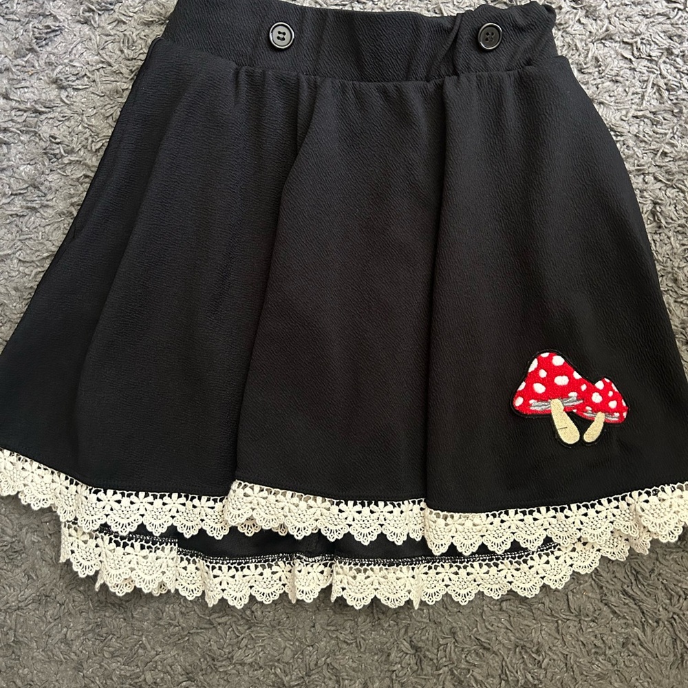 Midnight Hour Black Skirt with Lace Trim Mushroom Patch Small Festival Hippie‎